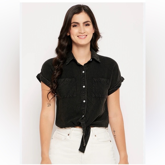 Sim & Sam Black button down tie front cropped shirt medium casual Beachy - Picture 1 of 11